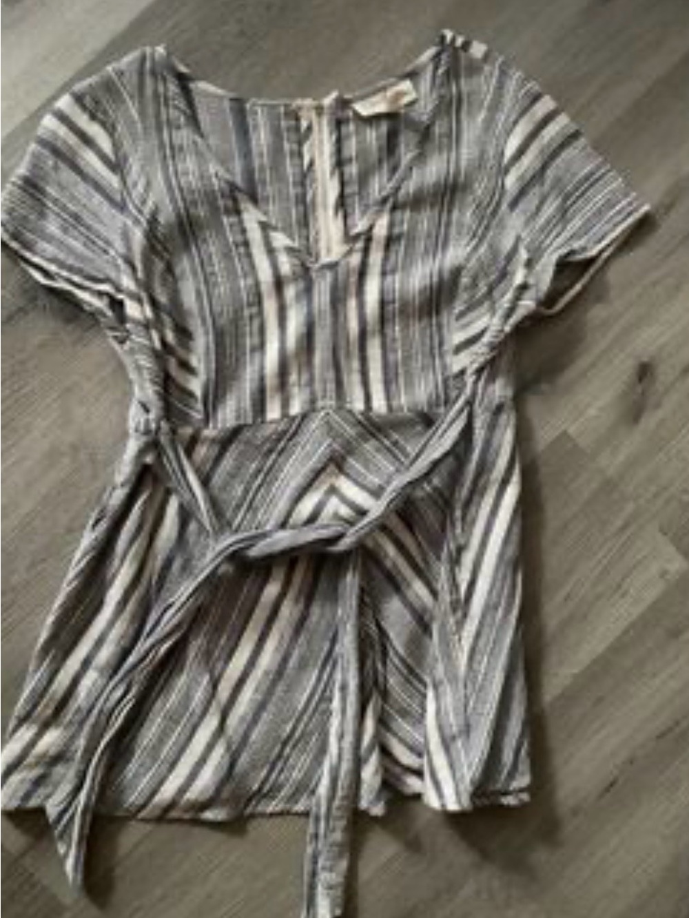 Striped V-Neck Short Sleeve Wrap dress / shirt in Gray and White maternity